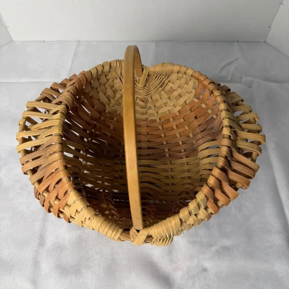 Handwoven Star Base Flat Reed Basket Two Tone Open Weave Bentwood Handle Artisan